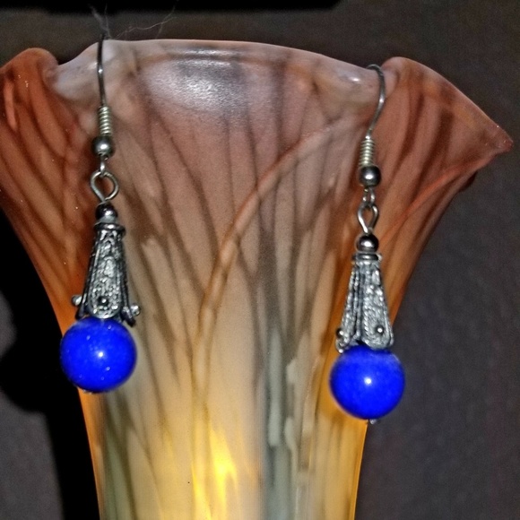 Blue & Silver Beaded Drop Earrings - Picture 1 of 1